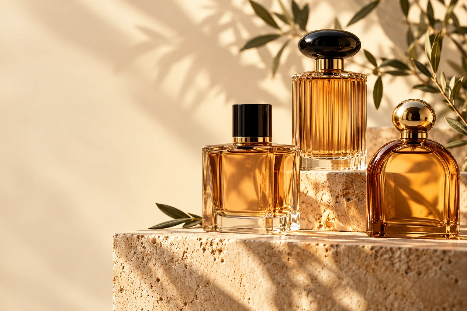 Amber perfume bottles on a sunlit stone pedestal